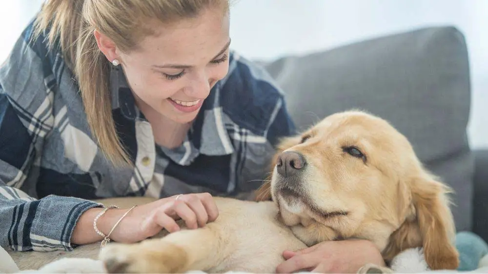 Woman cuddling with a Golden Retriever.